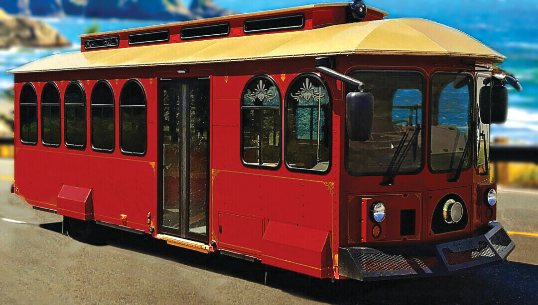 COMING SOON TO A STREET NEAR YOU. A passenger trolley bus like this one will offer tours of Eau Claire beginning this summer. (Submitted photo)