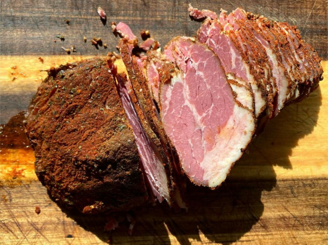 Freshly sliced pastrami.