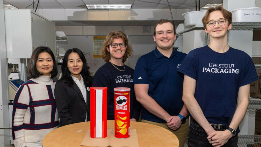 From left, professors Min DeGruson and Kate Liu and students Zach Hoffmire, Lukas David and Ethan Myers.