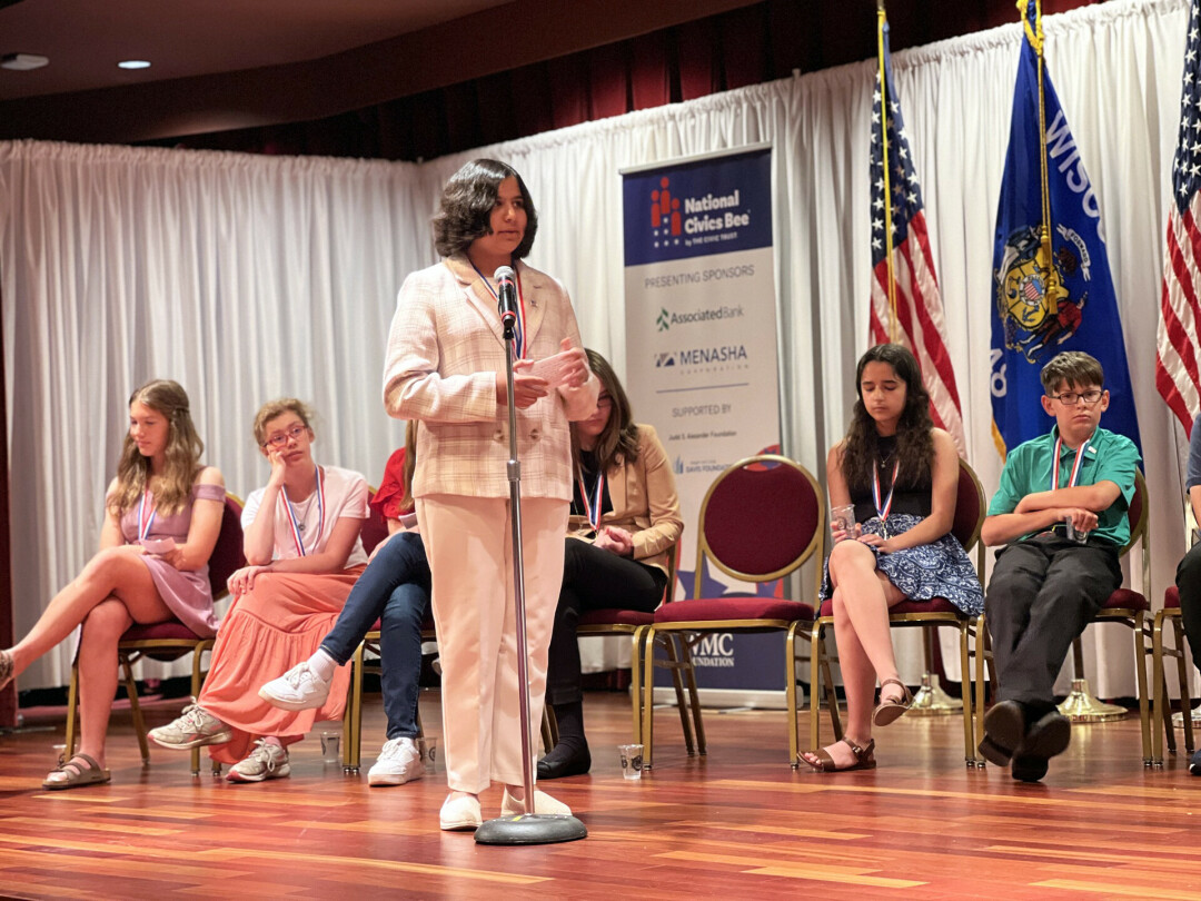 QUEEN BEE. 13-year-old Rya Mousavi of Delong Middle School will represent Wisconsin at the National Civics Bee this fall after her win at the state level. (Photos via Wisconsin Manufacturers & Commerce Chamber)