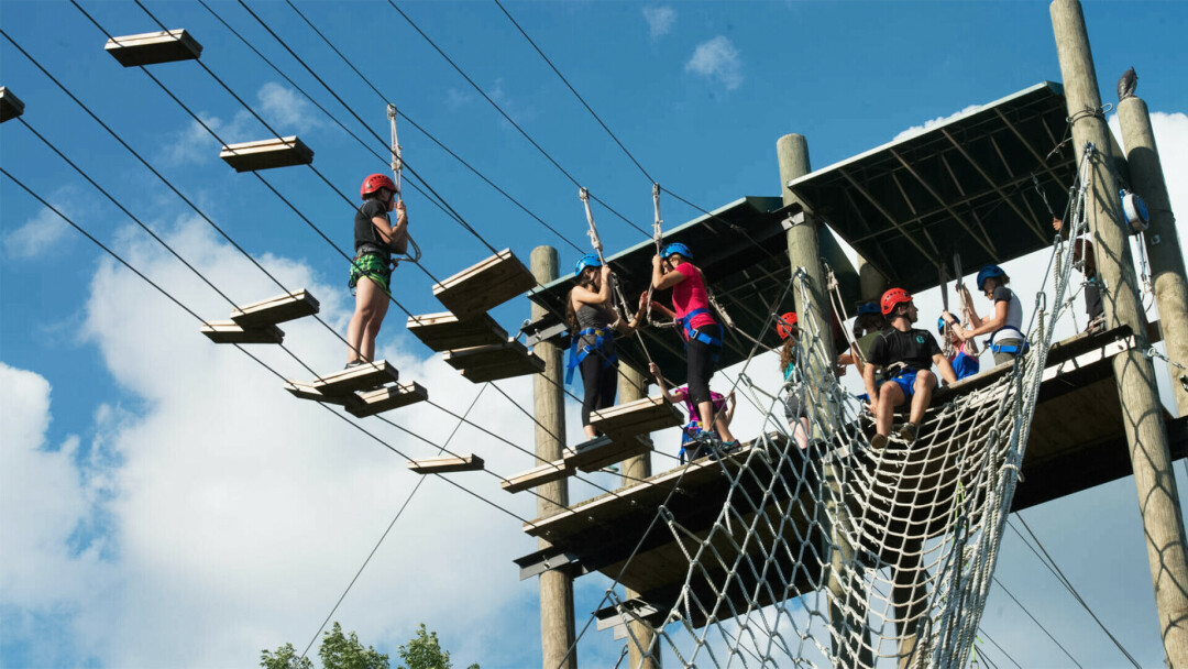 LEARN THE ROPES. Community members can take on the Eagle's View Challenge ropes course this summer. (Photo by Bill Hopener/UWEC)