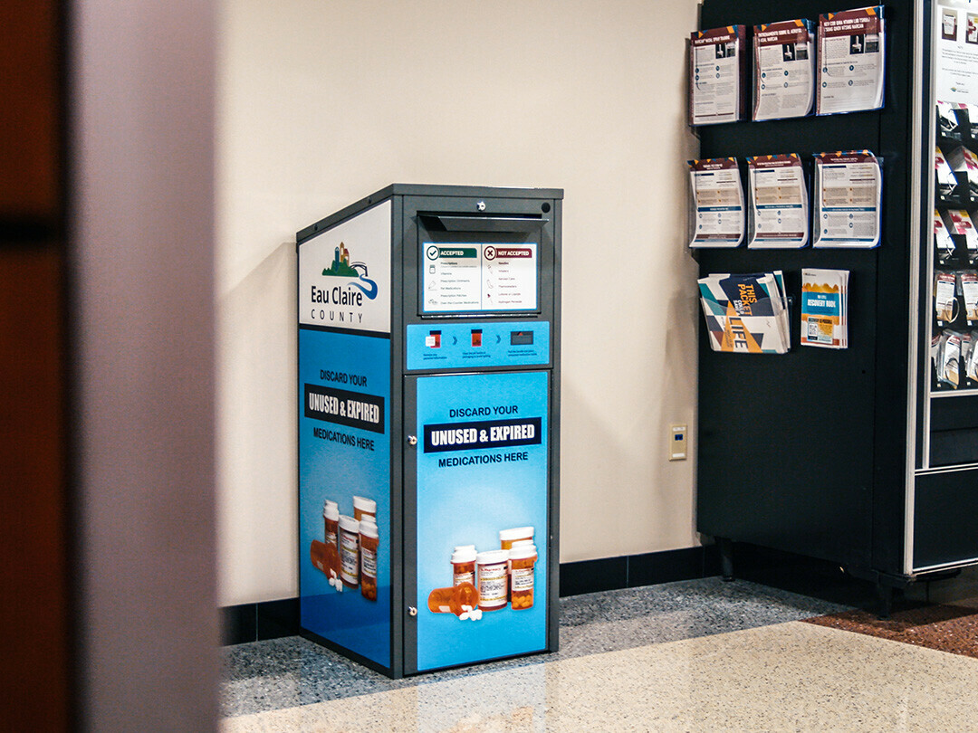 The new medication disposal drop box in the Eau Claire County Jail lobby.