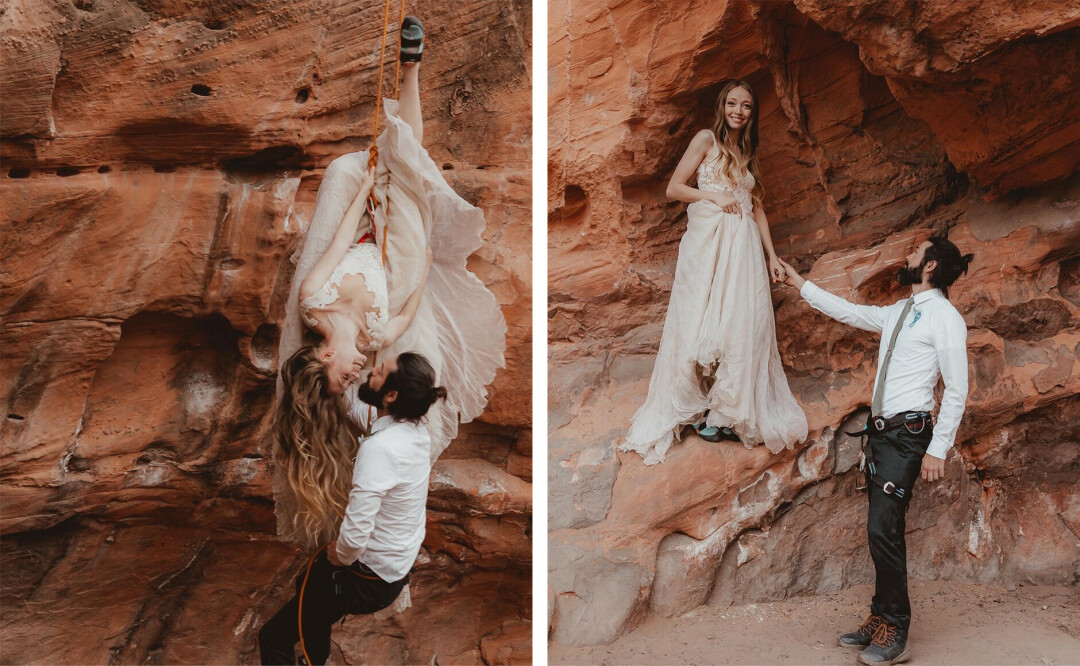 Linyage bride during their rock climbing elopement, 2023.