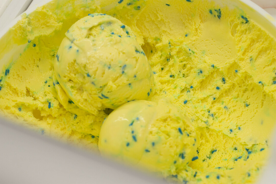 Blugold Batter is yellow cake batter ice cream with blue sprinkles.