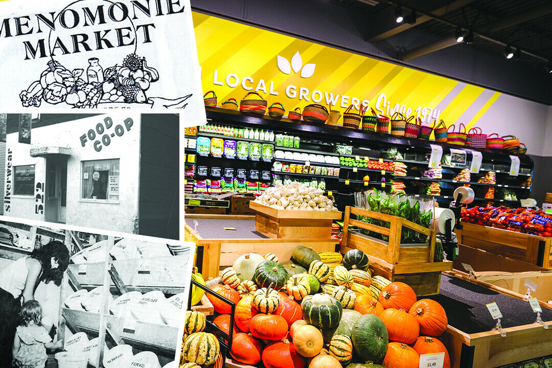 Background: The produce section in the new Menomonie Market Food Co-op store in Eau Claire. Left, from top: An early Menomonie Market logo; the so-called 