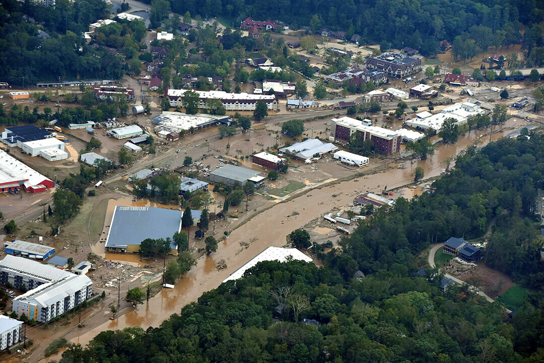 This aerial image shows damage caused by flooding following Hurricane Helene in Ashville, N.C., in late September. (Photo by North Carolina 