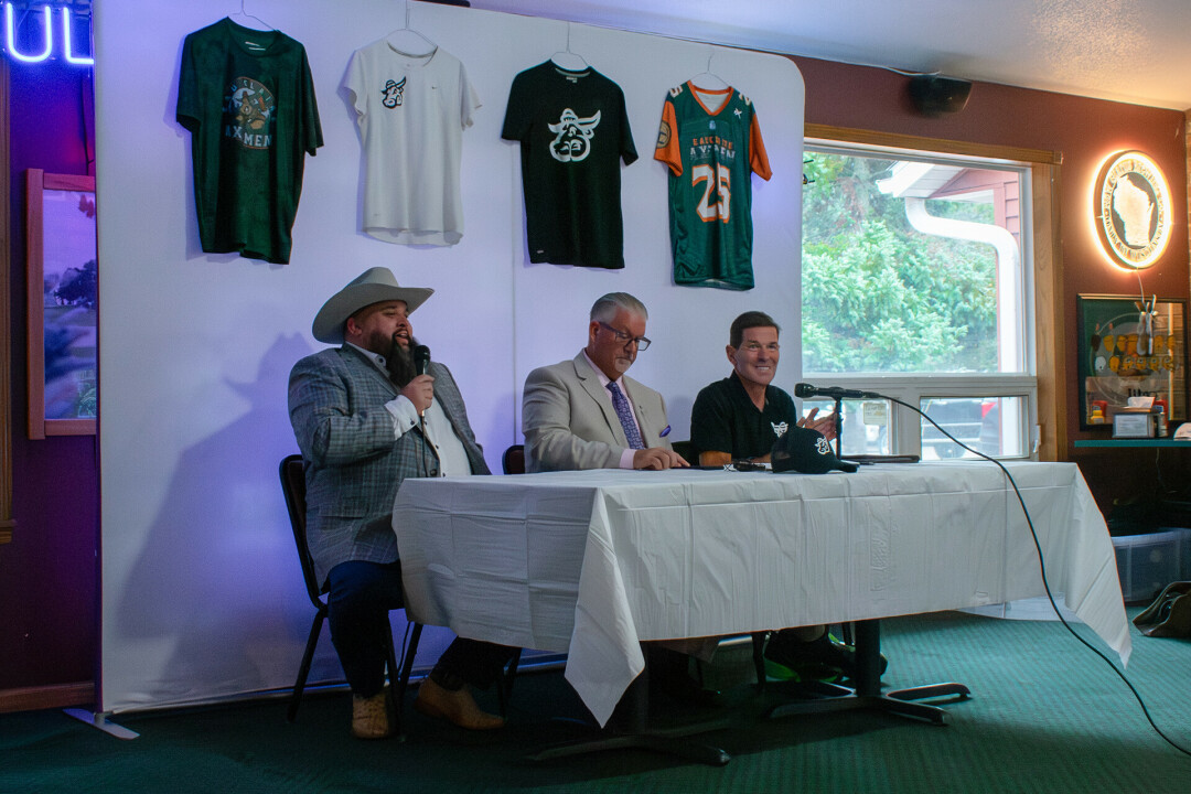READY TO RETURN. The Eau Claire Axemen announced its plans to return in 2026 at a local press conference on Nov. 25. The Arena League CEO and owner Jeff Holmes, pictured at left, introduced Jim Britton, middle, as the new head coach and welcomed Richard Mayne, right, back to the Axemen's leadership team.&nbsp;