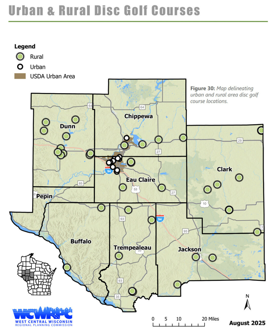 The RORP also features GIS mapping of analyzed recreational assets (ATV/UTV trails, equestrian trails, cross-country ski trails, cycling trails and more. Pietzrak said he was surprised to see such a hub for disc golf in the region (GIS mapping pictured).