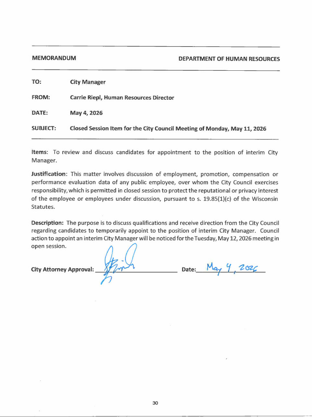Memorandum, as published in the Eau Claire City Council meeting packet for its Monday, May 11 meeting.