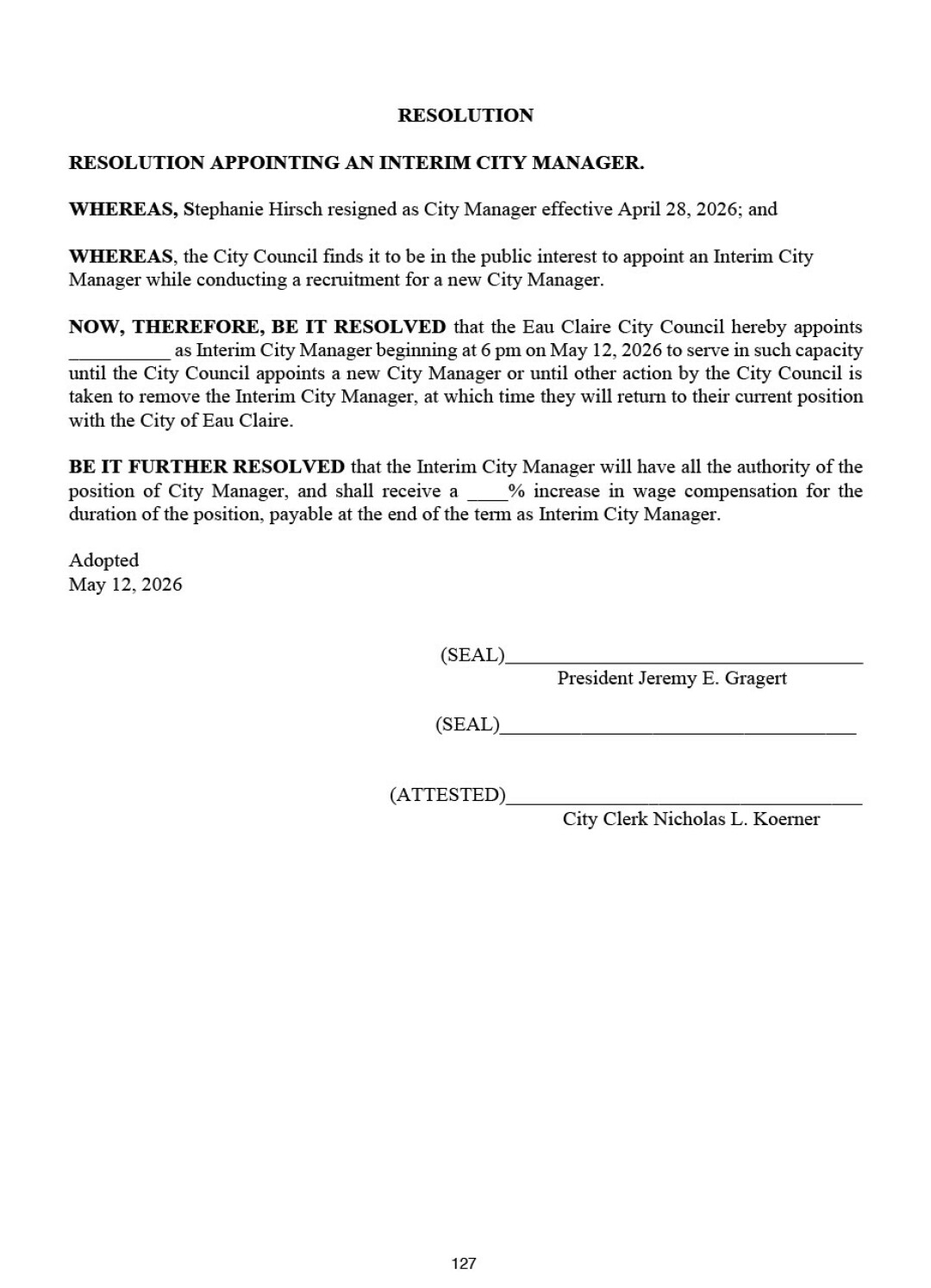 Pending resolution, as published in the Eau Claire City Council meeting packet for its Tuesday, May 12 meeting.