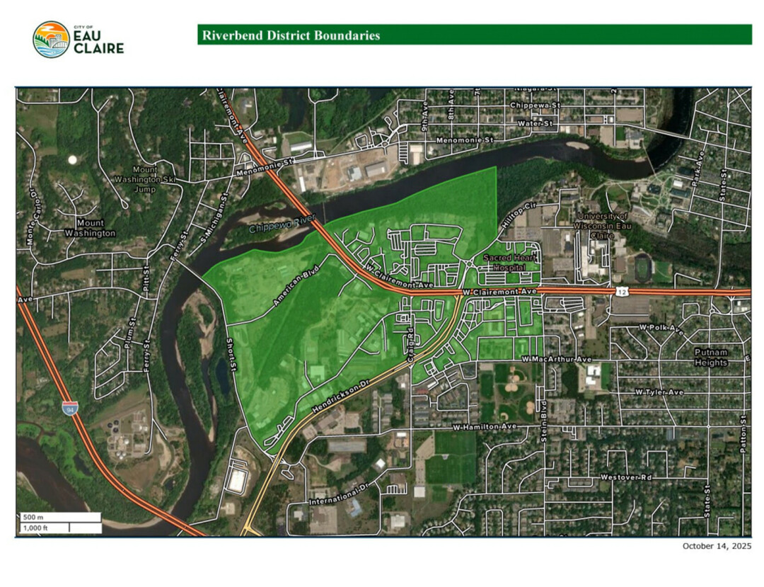 The Riverbend Redevelopment District is identified in the light green-colored map overlay, pictured above, found in the June 9 city council packet.