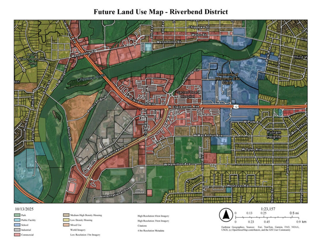 The Riverbend Redevelopment District plan includes a potential future use map, identified by various color overlays representing opportunities for medium-high density and low-density housing, mixed-use opportunities and more. 