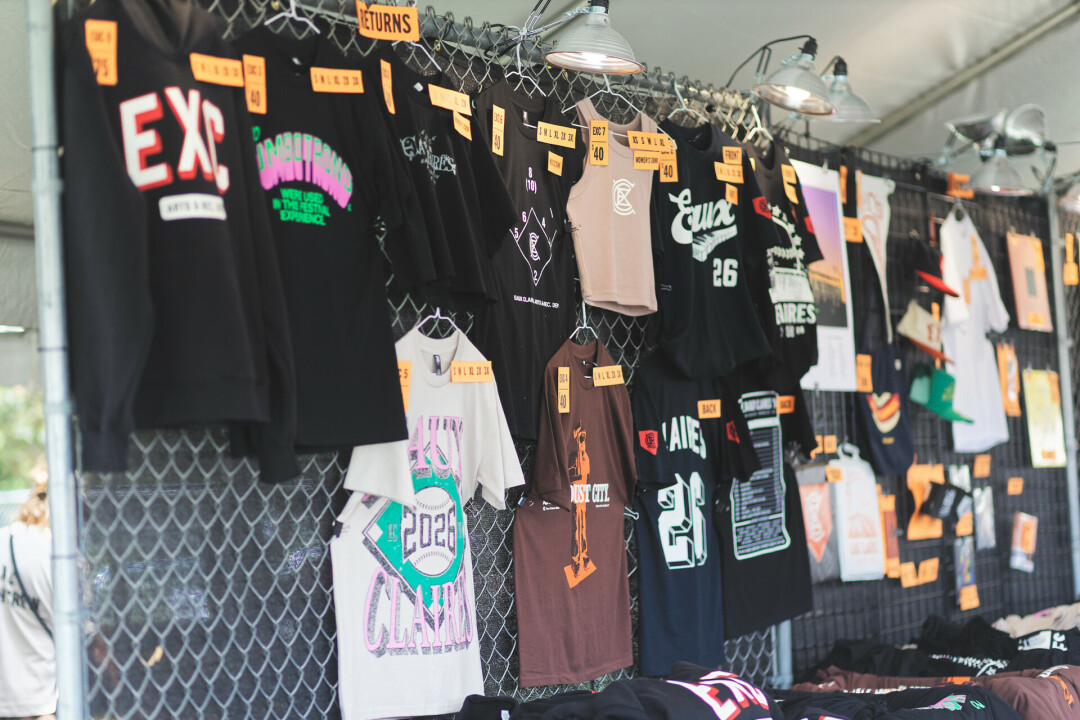 The Eaux Claires 2026 merchandise lineup, printed in Eau Claire by Ambient Inks and designed by Knorth Studios.